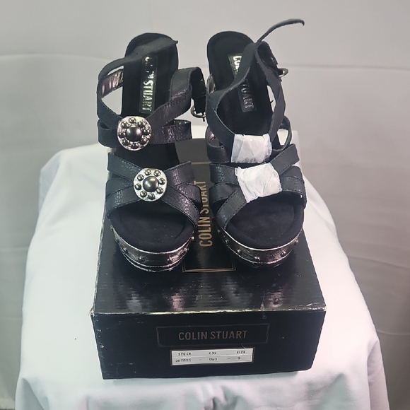 Colin Stuart Black Women's Metallic Accented Platform Sandals NIB - Picture 1 of 9